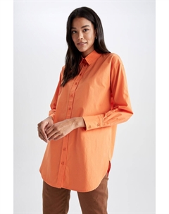 Туника из 100 % хлопка из поплина с длинными рукавами и рубашечным воротником свободного покроя, оранжевый Defacto