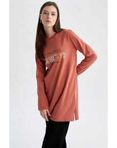 Туника из 100% хлопка с круглым вырезом и леопардовым рисунком, длинный рукав, свободный крой, оранжевый Defacto