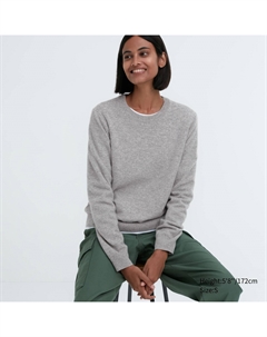 Джемпер женский из кашемира с круглым вырезом мягкий, серый Uniqlo