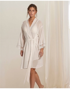 Длинный полупрозрачный женский халат с кружевом, кремовый Selmark