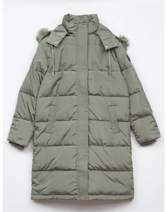 Стеганая шуба с воротником-стойкой и капюшоном Молд-зеленая Kayra