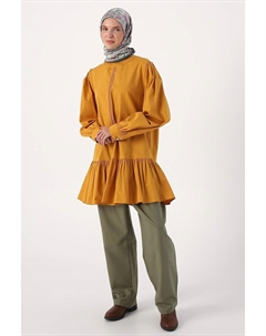 Хлопковая туника без воротника в рубчик горчичного цвета All day