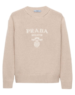 Свитер с круглым вырезом и жаккардовым логотипом, нейтральный цвет Prada