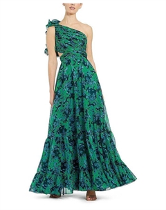 Шифоновое платье на одно плечо с оборками и вырезами, зеленый Mac duggal