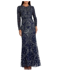 Платье с длинными рукавами и иллюзионным вырезом, украшенное украшением, синий Mac duggal