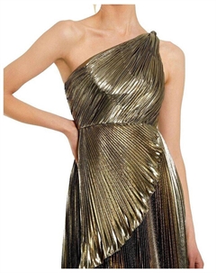 Платье с металлизированной плиссировкой и оборками на подоле, на одно плечо, с высоким и низким вырезом, золотой Mac duggal