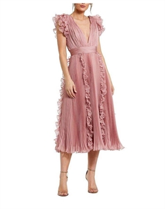 Плиссированное шифоновое платье миди с V-образным вырезом и рюшами, розовый Mac duggal