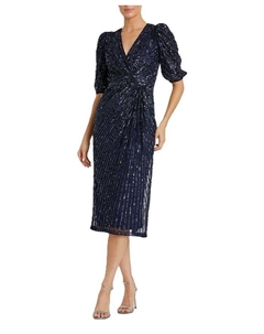 Платье миди с короткими рукавами и пышными рукавами с пайетками и V-образным вырезом, синий Mac duggal