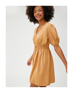 Мини-платье с V-образным вырезом и объемными рукавами на талии со сборками, желтый Koton