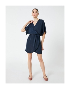 Мини-платье с V-образным вырезом и короткими рукавами с запахом, темно-синий Koton