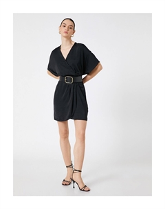 Мини-платье с V-образным вырезом и короткими рукавами с запахом, черный Koton