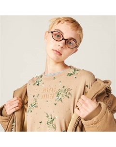 Футболка из джерси с длинными рукавами окрашенная в готовом виде с вышивкой, бежевый Miu miu