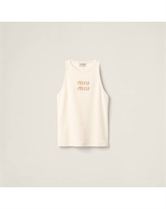 Топ из джерси в рубчик с вышитым логотипом, бежевый Miu miu