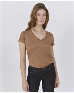 Женская льняная футболка с V-образным вырезом и короткими рукавами, коричневый Ikks