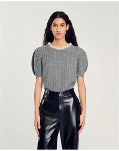 Женский свитер косой вязки с жемчугом, серый Sandro