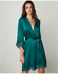 Атласный женский халат с кружевом, темно-зеленый Selmark