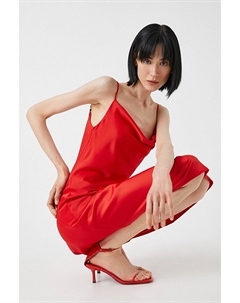 Женское длинное платье с атласным воротником и воланами на бретельках, красный Koton