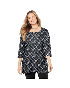 Женская футболка больших размеров с квадратным вырезом и удобным кроем, цвет Black Bias Plaid Catherine's