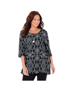 Женская футболка больших размеров с круглым вырезом и рукавами 3/4 Easy Fit, цвет Black Damask Catherine's