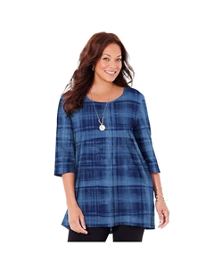 Женская футболка больших размеров с круглым вырезом и рукавами 3/4 Easy Fit, цвет Royal Navy Plaid Catherine's