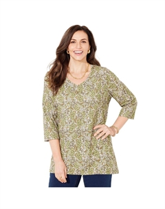 Женская футболка Suprema размера плюс с v-образным вырезом и рукавами 3/4, цвет Olive Graphic Leaves Catherine's