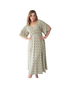 Женское трикотажное платье миди больших размеров с вырезом и завязкой на талии, цвет Pale Olive Ditsy Ellos