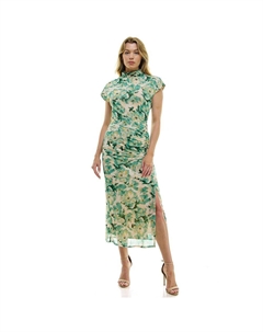 Женское сетчатое платье миди с воротником-стойкой, цвет Jade Mustard Cream Luxology