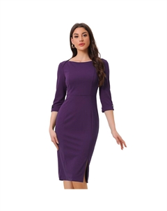 Женское элегантное платье-футляр миди с вырезом «лодочка» и рукавами 3/4 для работы, фиолетовый Allegra k