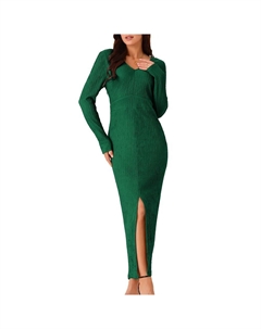 Женское элегантное платье с длинным рукавом и круглым вырезом с разрезом подол, осеннее вязаное макси-коктейльное платье, цвет Dark Green Seta t