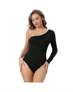 Женское цельное боди, эластичный облегающий трико с длинным рукавом на одно плечо, комбинезон, черный Allegra k