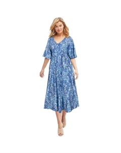 Женское трикотажное платье миди больших размеров с вырезом и завязкой на талии, цвет Aqua Multi Print Ellos