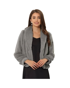 Женское укороченное флисовое пальто с длинными рукавами и зубчатыми лацканами и открытой передней частью, серый Allegra k