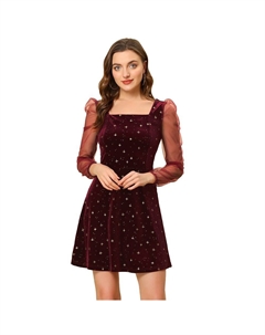 Женское сетчатое прозрачное бархатное платье для выпускного со звездами и квадратным вырезом с длинными рукавами, красный Allegra k