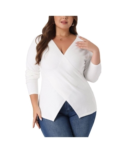 Женские трикотажные пуловеры больших размеров с глубоким V-образным вырезом и запахом, пышные свитера, белый Agnes orinda