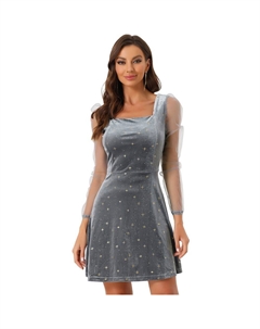 Женское сетчатое прозрачное бархатное платье для выпускного со звездами и квадратным вырезом с длинными рукавами, серый Allegra k