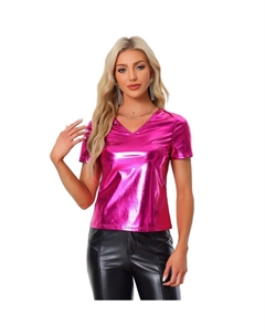 Женские топы для вечеринок с блестящим металлическим топом с V-образным вырезом и короткими рукавами, цвет Hot Pink Allegra k