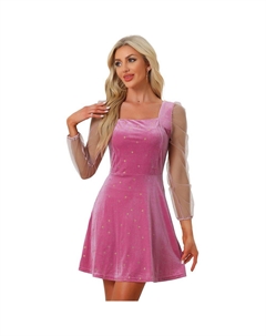 Женское сетчатое прозрачное бархатное платье для выпускного со звездами и квадратным вырезом с длинными рукавами, цвет Hot Pink Allegra k