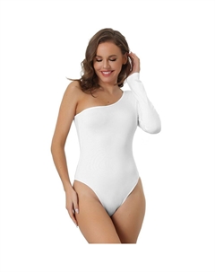 Женское цельное боди, эластичный облегающий трико с длинным рукавом на одно плечо, комбинезон, белый Allegra k