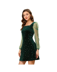 Женское сетчатое прозрачное бархатное платье для выпускного со звездами и квадратным вырезом с длинными рукавами, зеленый Allegra k