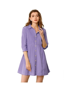 Женское расклешенное мини-платье-рубашка с рукавами 3/4 и пуговицами спереди, фиолетовый Allegra k