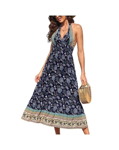 Женское пляжное платье макси с глубоким V-образным вырезом и открытой спиной в стиле бохо, цвет Dark Blue Kojooin