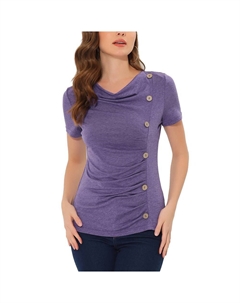 Блузка с воротником-хомутом для женщин, повседневная базовая футболка с короткими рукавами, однотонный вязаный топ с декором на пуговицах и рюшами, фиолетовый Allegra k