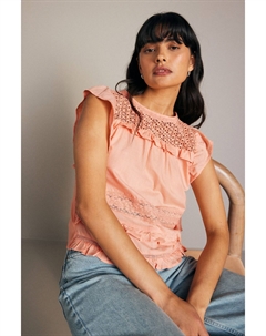 Летняя блузка из 100% хлопка с оборками на рукавах и кружевной вставкой, розовый Next