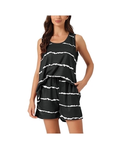 Женская полосатая рубашка без рукавов с круглым вырезом, шорты, пижамный комплект, одежда для сна из 2 предметов, черный Cheibear