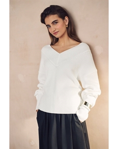 Свободный трикотажный джемпер с V образным вырезом в рубчик, экрю Next