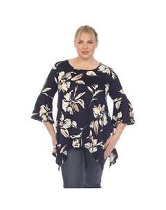 Плюс размер Туника с цветочным принтом и рукавами-колокольчиками, темно-синий Wm fashion