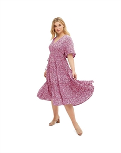 Женское многоярусное платье миди больших размеров с вырезом с вырезом, цвет Berry Red Ditsy Floral Ellos