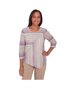 Блестящий топ с рукавами 3/4 в зигзагообразную полоску Petite, цвет Multi Purple Alfred dunner
