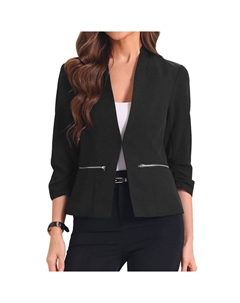 Блейзер с открытыми передними рукавами 3/4 для женщин, пиджак, офисный повседневный пиджак с карманами на молнии, черный Allegra k