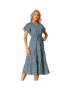 Женское летнее платье в стиле бохо, повседневное платье-миди с коротким рукавом и V-образным вырезом, многоуровневые цветочные платья миди, цвет Dark Blue Allegra k